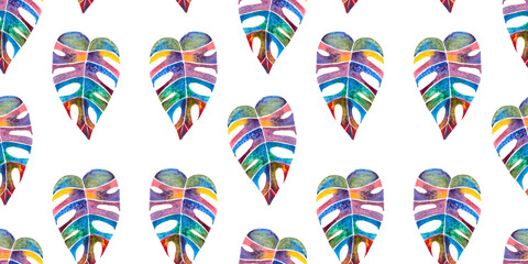 seamless pattern of bright multicolored monstera or philodendron leaf, hand drawn watercolor isolated on white background © Olena Seiryk