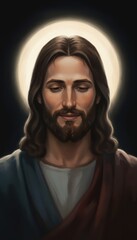 Fototapeta premium Portrait of Jesus Christ with glowing halo, serene divine expression in fine art style. Realistic digital oil painting for Christian Easter celebration, church posters, religious banners and media