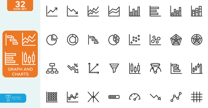 Graph and Charts Vector illustration line editable Icons set. Graphics, infographic, statistics, data, diagrams, economy reduction, finance, arrow, business, increase, decrease. on white background.