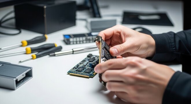 Computer technician repairing ssd solid state drive with tools on white desk close up view