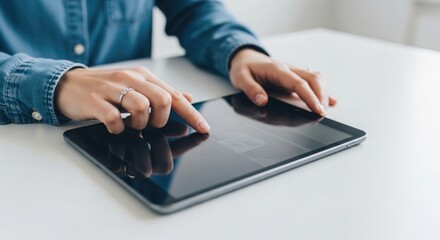 Fototapeta premium Woman interacting with a tablet on a white table