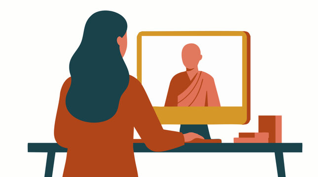 Woman attending an online spiritual or religious teaching session with a monk