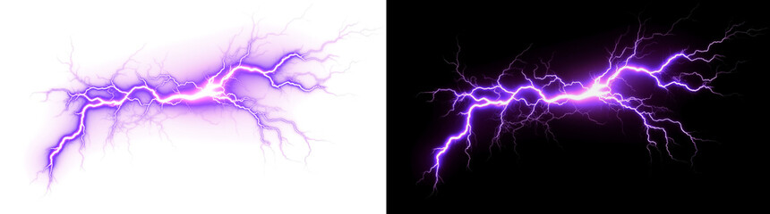Wide Purple Lightning Explosion With Bright Electric Branches Isolated On Transparent Background © Iryna