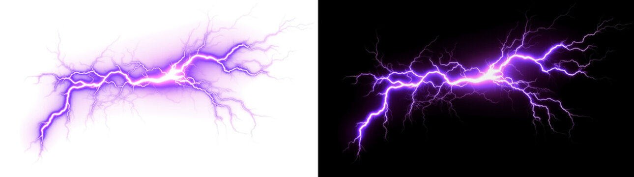 Wide Purple Lightning Explosion With Bright Electric Branches Isolated On Transparent Background