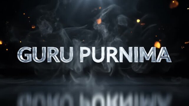 Guru purnima text animation with floating smoke and glowing particles on a dark background motion