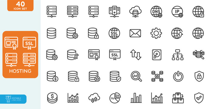 Web Hosting Vector illustration line editable Icons set. Backup, hosting, transfer, domain, data, cloud service, website. on white background.