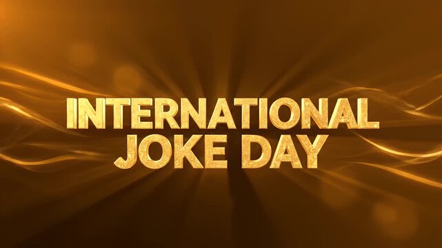 International joke day text animation with golden light rays and flowing abstract particles motion