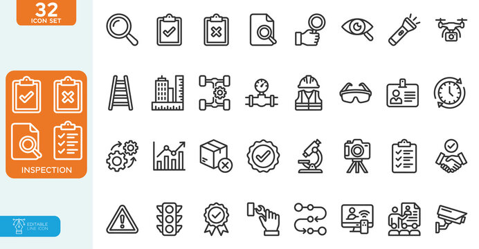 Inspection Vector illustration line editable Icons set. Examination, testing, quality control, check, inspect, collection. on white background.