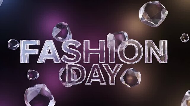 Fashion day text animation with floating 3d crystals on a dark purple and black gradient background