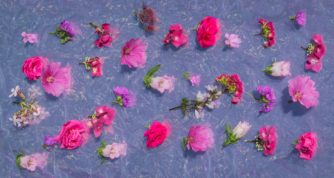 abstract art with arrangement of pink flowers on shiny fabric and mirror
