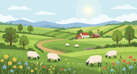 Fototapeta premium Scenic Rural Countryside Landscape with Sheep Grazing on Green Hills Near Farmhouses and Meadows