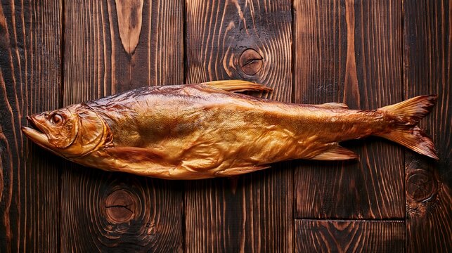 Omul, a smoked fish from Baikal, rested on a wooden table.