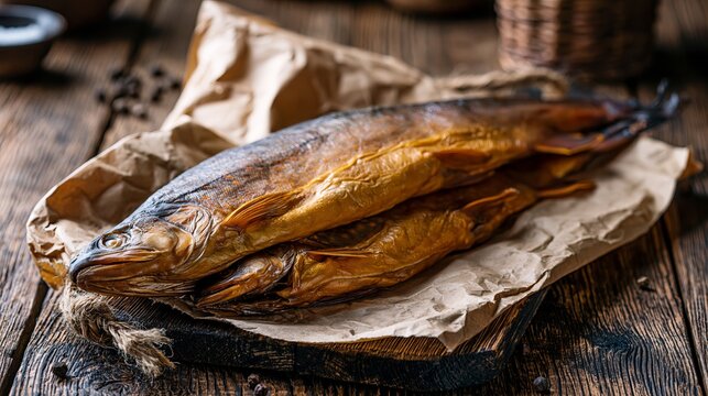 Omul, a smoked fish from Baikal, rested on a wooden table.