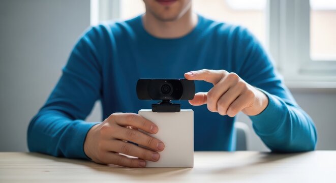 Man adjusting modern webcam on white box for video conferencing and remote work setup