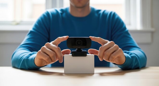 Man holding a small black webcam on a white box