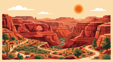 Naklejka premium Majestic Red Rock Canyon Landscape with Winding Desert Path River Saguaro Cactus and Burning Hot Sun