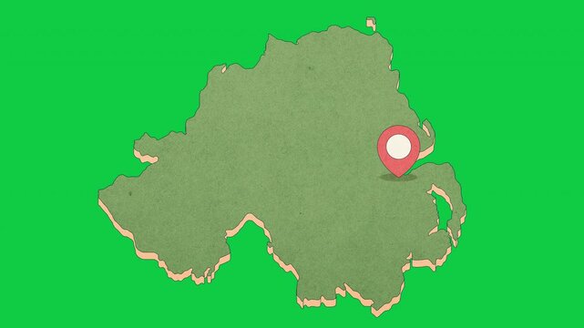 Animated Northern Ireland Map with Bouncing Location Marker on Belfast City, Transparent Background, Alpha Channel, 4K resolution