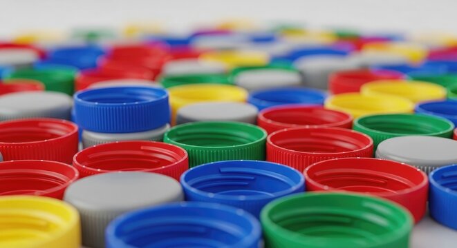 Assorted plastic bottle caps close up vibrant colors and textures for packaging and recycling concepts