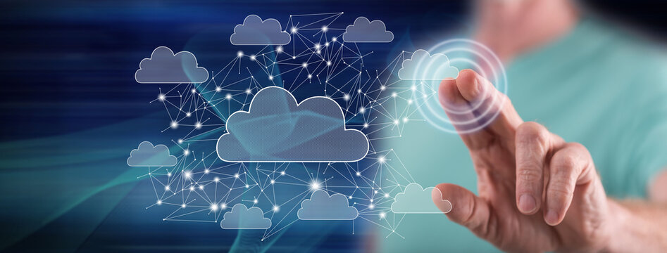 Man touching a cloud networking concept