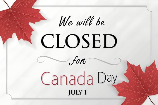 Canada Day Closure Notice with Maple Leaf Background and Happy Canada Day Greeting, Happy Canada Day Closed Sign with Canadian Maple Leaves Holiday Announcement, Canada Day Business Closure Notice