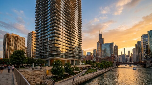 Modern Chicago cityscape with riverwalk and skyscrapers