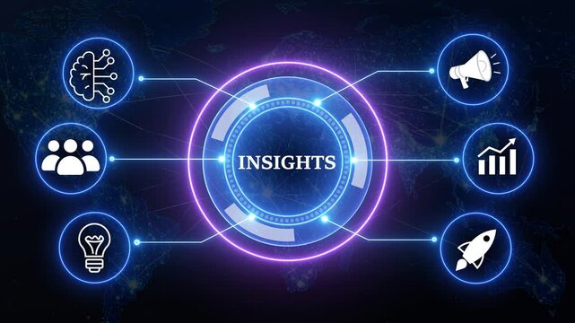 Digital insights concept animation with glowing business icons and futuristic neon circle on world map background.