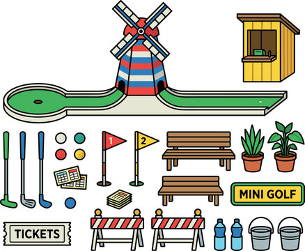 Mini golf course amusement park vector icon set featuring a windmill obstacle putting green ticket booth and equipment