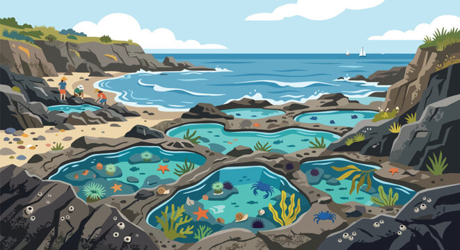 Beautiful coastal shoreline with rocky tide pools filled with marine life like starfish and crabs