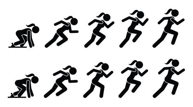 Black and white vector illustration showing a sequence of female stick figures starting a race