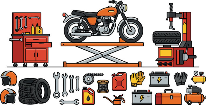 Motorcycle repair garage workshop tools vector set with motorbike on lift tire changer tool chest wrenches tires battery oil canister helmets compressor isolated on white illustration