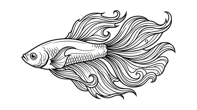Elegant Betta Fish Illustration: Flowing Fins, Black and White Line Art