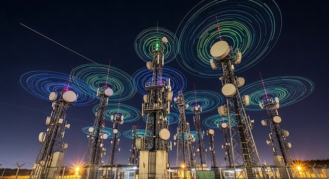 Cell Towers at Night with Illuminated Rings, Communication Network