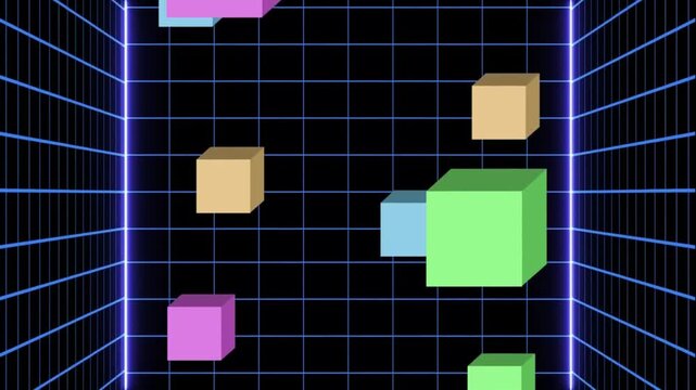Abstract 3D Cubes Floating in a Neon Grid Tunnel Retro Futuristic Digital Space Background.