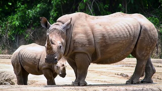 Javan Rhinoceros Mother Protectively Blocks The Trail While Calf Curiously Approaches In Natural Habitat