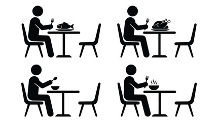 Fototapeta premium A black and white vector illustration showing stick figures eating various healthy and cooked meals