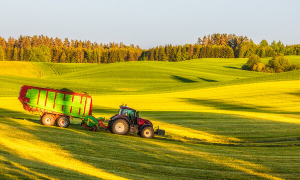 View of a red tractor pulling a large green trailer across rolling green hills under golden hour light in Stanczyki, Warmian-Masurian Voiv, Poland.