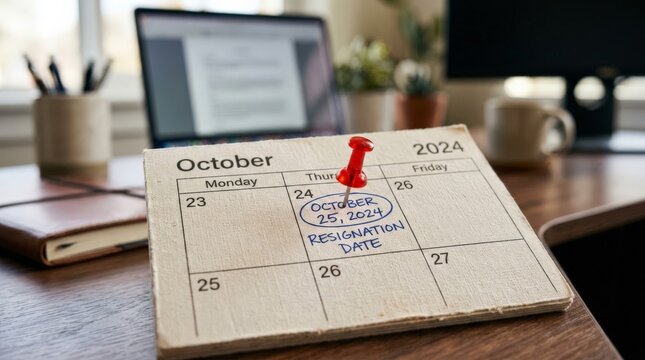 A desk calendar shows October 2024 with a red push pin in a date labeled Resignation Date, indicating the day an employee will quit their job in an office setting