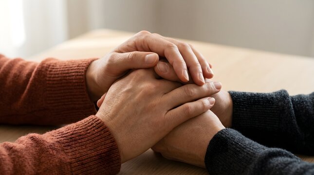Two people holding hands on a wooden table showing empathy and support with a warm and compassionate atmosphere business lifestyle concept