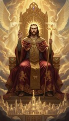 Obraz premium Jesus Christ sitting on heavenly throne with angels, divine golden light and celestial city. Majestic religious digital art painting for Easter, church banner