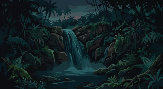 Tropical Jungle Waterfall Scene at Night with Lush Green Vegetation and Mysterious Glowing Fireflies