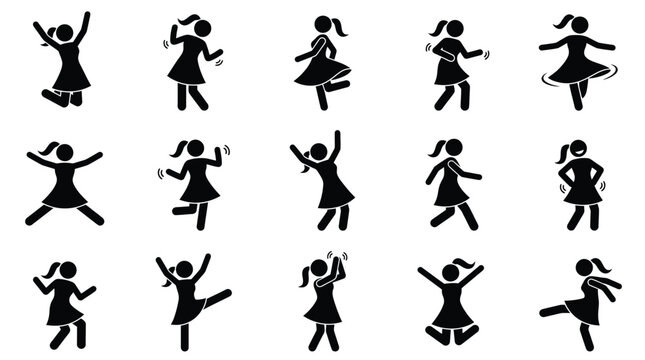 Set of black flat vector illustrations featuring joyful women dancing in various energetic dynamic poses