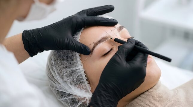 Professional beautician hands in black gloves mapping eyebrows with white thread and pencil on young woman in clinic modern minimalist aesthetic concept
