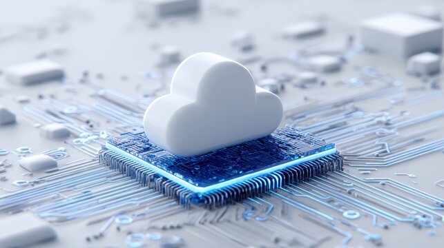Cloud Computing on Chip: A conceptual representation of cloud computing infrastructure, with a stylized cloud icon resting atop a glowing blue circuit board, symbolizing digital data and connectivity.