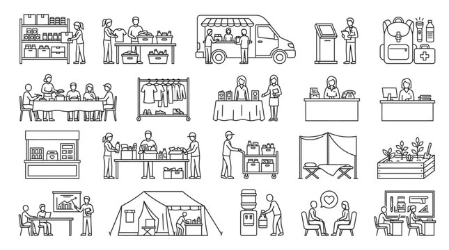 Marketplace and Retail Icons: A collection of line art icons representing various aspects of marketplace and retail, including stalls, vendors, customers, and products.