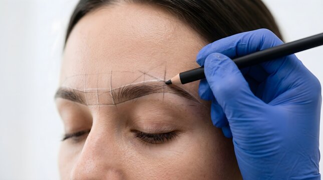 Professional beautician mapping eyebrows with black pencil for permanent makeup microblading procedure on client face modern beauty lifestyle concept
