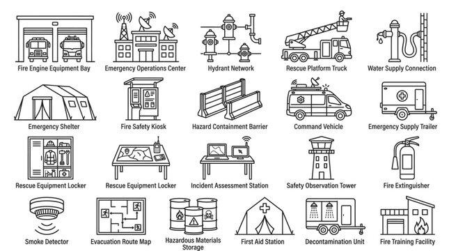 Emergency Response Icons: A comprehensive collection of black and white line art icons depicting essential emergency response equipment, vehicles, and facilities.