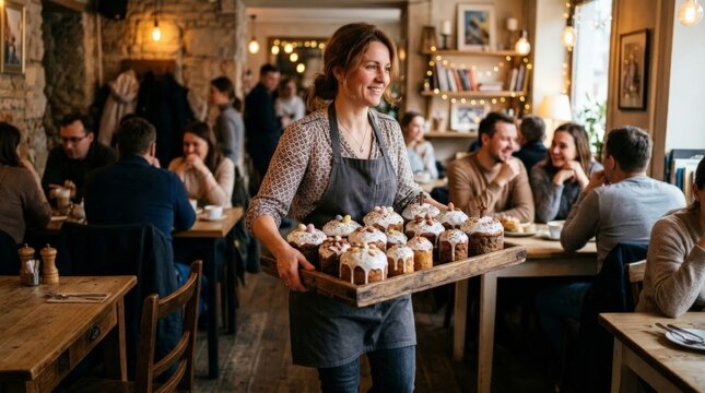 A woman wearing an apron carries a wooden tray filled with small decorated cakes, walking through a busy cafe