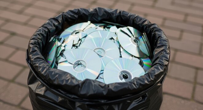 Broken cds in a black trash bag on a brick surface