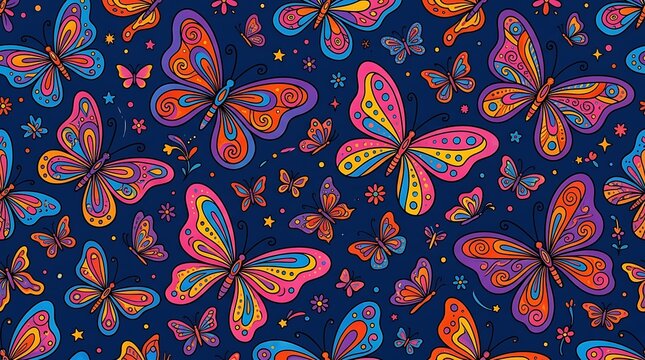 Seamless pattern with colorful butterflies on a dark blue background