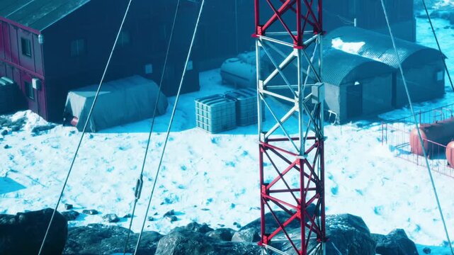 A telecommunications tower stands tall beside a research base in Antarctica. Snow covers the ground and several shipping containers are visible. The scene shows a remote setting with equipment.